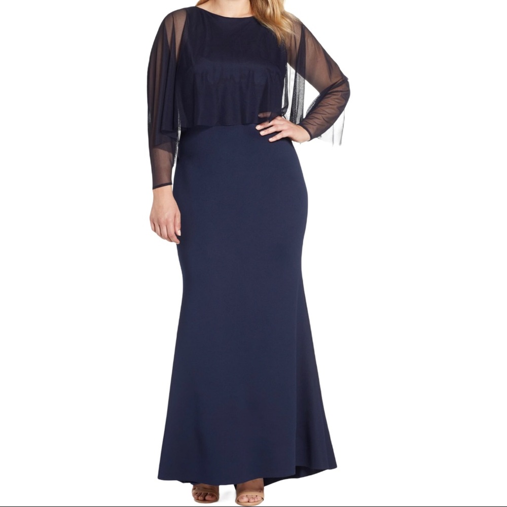 Eliza J Navy Scuba Mesh Overlay Evening Gown Sz 14